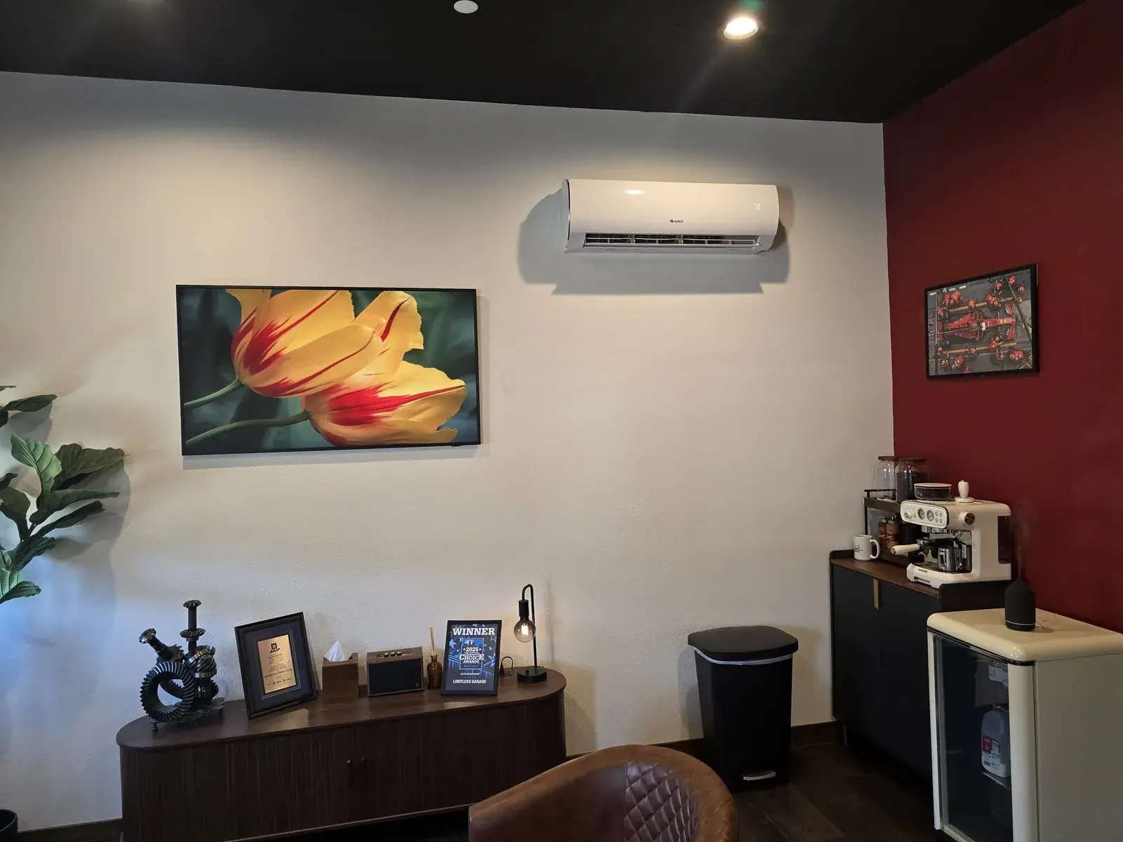 Wall-mounted ductless mini-split in a finished office space